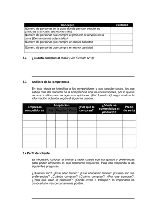 8.2. ¿Cuánto compran al mes? (Ver Formato Nº 4)
8.3. Análisis de la competencia
En esta etapa se identifica a los competidores y sus características, los que
saben más del producto de la competencia son los consumidores, por lo que se
recurre a ellos para recoger sus opiniones (Ver formato 4)Luego analizar la
información obtenida según el siguiente cuadro:
Empresas
competidoras
Aceptación
Alta Regular Poca
¿Por qué le
compran?
¿Dónde se
comercializa el
producto?
Precio
de venta
8.4 Perfil del cliente
Es necesario conocer al cliente y saber cuáles son sus gustos y preferencias
para poder ofrecerles lo que realmente requieren. Para ello responda a las
siguientes preguntas:
¿Quiénes son?, ¿Qué edad tienen? ¿Qué educación tienen? ¿Cuáles son sus
preferencias? ¿Cuándo compran? ¿Cuánto compran?, ¿Por que compran?,
¿Para qué usan el producto? ¿Dónde viven o trabajan?, lo importante es
conocerlo lo más cercanamente posible.
Concepto cantidad
Número de personas en la zona donde piensan vender su
producto o servicio: (Demanda total)
Número de personas que compra el producto o servicio en la
zona (Demandantes potenciales)
Número de personas que compra en menor cantidad
Número de personas que compra en mayor cantidad
 