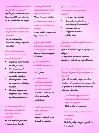 ¿Que objetivos pretende
lograr con la creación del
negocio o empresa?
• Lograr un mejor servicio
para las personas.
• Que tengan donde
disfrutar un momento
en familia o amigos.
• Donde quieran comer
un rico postre y disfrutar
su sabor
• Para que las personas
tangan un lugar lindo y
agradable para comer…
¿Cual área geográfica de
las ciudad piensa atender
con los productos o
servicios?
En toda Medellín pero por
el momento en laureles.
¿Que necesidad desea satisfacer
con esta idea de negocio?
Que las personas encuentre un
lugar agradable para disfrutar
un día en familia y en amigos.
¿en que se podría diferenciar
mi producto o servicio en el
mercado?
En que sean postres
llamativos, ricos y tengan un
rico sabor.
¿Quien podría ser los
principales clientes de mi
negocio o empresa?
Niños, jóvenes y adultos.
¿Cual beneficio ofrece mi
producto o servicio a mis
clientes?
comer un rico postre en un
lugar donde este.
¿Quien podría ser los
principales competidores
de mi negocio o empresa?
Los que tiene un negocio
de postres .
¿Cual seria el precio
inicial de mi proyecto o
servicio?
12.500 pesos.
¿Cuales medios
publicitarios utilizaría
para dar a conocer el
negocio o empresa?
Hacer una cartelera, un
afiche y una valla
publicitaria.
¿Cual seria el producto
de mi proyecto o
servicio?
Seria un cuadrado y una
linda de decoración.
¿Cual el perfil de personas
administrativo que requiere mi
negocio?
• Que sean responsables.
• Que hallan terminado el
bachillerato y la universidad.
• Que sean mujeres.
• Tengan unas buenas
calificaciones.
¿Que tipo de uniforme podría requerir
mi negocio?
Que en el delantal tenga el logotipo, el
eslogan.
La ropa tiene que ser un color mu
llamativo y cada día un color diferente.
¿Cual seria el contrato laboral y la forma
de pago del personal que trabaje en mi
negocio?
Que cada vez se les pagara un salario
mínimo y el contrato seria hasta que ellos
se quieran ir. Y tendrán liquidación en
lulio y en diciembre.
¿Cual seria la seguridad social
para las personas vinculada al
negoció o empresa?
Medica, laboral y personal.
¿Cuanta capital necesita para iniciar
su negoció o
empresa?
Medellín y después que expanda en
todo el país.
 