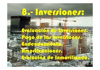 8.8.8.8.8.8.8.8.-------- Inversiones:Inversiones:Inversiones:Inversiones:Inversiones:Inversiones:Inversiones:Inversiones:
Evaluación de Inversiones.Evaluación de Inversiones.Evaluación de Inversiones.Evaluación de Inversiones.Evaluación de Inversiones.Evaluación de Inversiones.Evaluación de Inversiones.Evaluación de Inversiones.
Pago de las Inversiones.Pago de las Inversiones.Pago de las Inversiones.Pago de las Inversiones.Pago de las Inversiones.Pago de las Inversiones.Pago de las Inversiones.Pago de las Inversiones.
10
Pago de las Inversiones.Pago de las Inversiones.Pago de las Inversiones.Pago de las Inversiones.Pago de las Inversiones.Pago de las Inversiones.Pago de las Inversiones.Pago de las Inversiones.
Endeudamiento.Endeudamiento.Endeudamiento.Endeudamiento.Endeudamiento.Endeudamiento.Endeudamiento.Endeudamiento.
AmortizacionesAmortizacionesAmortizacionesAmortizacionesAmortizacionesAmortizacionesAmortizacionesAmortizaciones........
Evolución de Inmovilizado.Evolución de Inmovilizado.Evolución de Inmovilizado.Evolución de Inmovilizado.Evolución de Inmovilizado.Evolución de Inmovilizado.Evolución de Inmovilizado.Evolución de Inmovilizado.
 