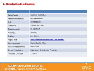 Razón Social

Cerámica Trujillo S.A.

Nombre Comercial

Mochik Cerámica

RUC

20111315546

Dirección

Jr Sinchi Roca 965

Departamento

LA LIBERTAD

Provincia

TRUJILLO

Teléfono

044-212214

Pagina web

www.facebook.com/CERAMIC.EXPORT.PERU

Representante

Marlitt Castillo Alfaro

Actividad Económica

Exportación

Sector Económico

Exportación de cerámicas Peruanas

Fecha de Creación

27-10-13

JESUS S. BENITEZ GAMBOA

 