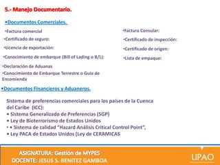 •Documentos Comerciales.
•Factura comercial

•Factura Consular:

•Certificado de seguro:

•Certificado de inspección:

•Licencia de exportación:

•Certificado de origen:

•Conocimiento de embarque (Bill of Lading o B/L):

•Lista de empaque:

•Declaración de Aduanas
•Conocimiento de Embarque Terrestre o Guía de
Encomienda

•Documentos Financieros y Aduaneros.
Sistema de preferencias comerciales para los países de la Cuenca
del Caribe (ICC):
• Sistema Generalizado de Preferencias (SGP)
• Ley de Bioterrorismo de Estados Unidos
• • Sistema de calidad “Hazard Análisis Critical Control Point”,
• Ley PACA de Estados Unidos (Ley de CERAMICAS

JESUS S. BENITEZ GAMBOA

 