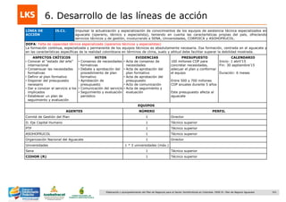 101Elaboración y acompañamiento del Plan de Negocios para el Sector Hortofrutícola en Colombia. FASE IV. Plan de Negocio Aguacate
6. Desarrollo de las líneas de acción
LÍNEA DE
ACCIÓN
I5.C1. Impulsar la actualización y especialización de conocimientos de los equipos de asistencia técnica especializados en
aguacate (operario, técnico y especialista), teniendo en cuenta las características propias del país, ofreciendo
servicios técnicos y de gestión, involucrando a SENA, Universidades, CORPOICA y ASOHOFRUCOL.
DOFA: Falta de capacidad técnica especializada (operarios técnicos y especialistas)
La formación continua, especializada y permanente de los equipos técnicos es absolutamente necesaria. Esa formación, centrada en el aguacate y
en las características específicas de la realidad colombiana en términos de clima, suelo y altitud debe facilitar superar la debilidad mostrada.
ASPECTOS CRÍTICOS
• Conocer el “estado del arte”
internacional
• Consensuar las necesidades
formativas
• Definir el plan formativo
• Disponer del presupuesto
necesario
• Dar a conocer el servicio a los
implicados
• Establecer un plan de
seguimiento y evaluación
HITOS
• Consenso de necesidades
formativas
• Debate y aprobación del
procedimiento de plan
formativo
• Aprobación de
presupuesto
• Comunicación del servicio
• Seguimiento y evaluación
periódico
EVIDENCIAS
• Acta de consenso de
necesidades
• Acta de aprobación del
plan formativo
• Acta de aprobación del
presupuesto
• Acto de comunicación
• Acta de seguimiento y
evaluación
PRESUPUESTO
100 millones COP para
concretar necesidades,
adecuar el plan y conformar
el equipo
Entre 500 y 700 millones
COP anuales durante 5 años
Este presupuesto afecta al
aguacate
CALENDARIO
Inicio: 1 abril‟15
Fin: 30 septiembre‟15
Duración: 6 meses
EQUIPOS
AGENTES NÚMERO PERFIL
Comité de Gestión del Plan 1 Director
D. Eje Capital Humano 1 Técnico superior
PTP 1 Técnico superior
ASOHOFRUCOL 1 Técnico superior
Organización Nacional del Aguacate 1 Director
Universidades 1 * 3 universidades (máx.)
Sena 1 Técnico superior
CIIHOR (R) 1 Técnico superior
 