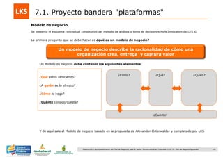 124Elaboración y acompañamiento del Plan de Negocios para el Sector Hortofrutícola en Colombia. FASE IV. Plan de Negocio Aguacate
7.1. Proyecto bandera "plataformas"
Modelo de negocio
Se presenta el esquema conceptual constitutivo del método de análisis y toma de decisiones MdN Innovation de LKS ©
Un Modelo de negocio debe contener los siguientes elementos:
Y de aquí sale el Modelo de negocio basado en la propuesta de Alexander Osterwalder y completado por LKS
Un modelo de negocio describe la racionalidad de cómo una
organización crea, entrega y captura valor
La primera pregunta que se debe hacer es ¿qué es un modelo de negocio?
¿Qué? ¿Quién?¿Cómo?
¿Cuánto?
¿Qué estoy ofreciendo?
¿A quién se lo ofrezco?
¿Cómo lo hago?
¿Cuánto consigo/cuesta?
 