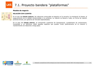 132Elaboración y acompañamiento del Plan de Negocios para el Sector Hortofrutícola en Colombia. FASE IV. Plan de Negocio Aguacate
7.1. Proyecto bandera "plataformas"
Modelo de negocio
RELACIÓN CON CLIENTES
En el caso del cliente externo, las relaciones comerciales se basarán en la cercanía, la orientación al cliente, el
aseguramiento de la calidad comprometida y la confianza. La relación se llevará a cabo, en forma de relación
personal directa, por gestores de mercado especializados.
En el caso del cliente interno, se extremarán cuestiones de transparencia, cumplimiento de compromisos,
honestidad y, en definitiva, todos aquellos aspectos que puedan incidir positivamente en la creación y
mantenimiento de relaciones a largo plazo.
 
