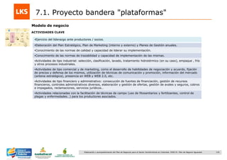 135Elaboración y acompañamiento del Plan de Negocios para el Sector Hortofrutícola en Colombia. FASE IV. Plan de Negocio Aguacate
7.1. Proyecto bandera "plataformas"
Modelo de negocio
•Ejercicio del liderazgo ante productores / socios.
•Elaboración del Plan Estratégico, Plan de Marketing (interno y externo) y Planes de Gestión anuales.
•Conocimiento de las normas de calidad y capacidad de liderar su implementación.
•Conocimiento de las normas de trazabilidad y capacidad de implementación de las mismas.
•Actividades de tipo industrial: selección, clasificación, lavado, tratamiento hidrotérmico (en su caso), empaque , frío
y otros procesos industriales.
•Actividades de tipo comercial y de marketing, como el desarrollo de habilidades de negociación y acuerdo, fijación
de precios y defensa de los mismos, utilización de técnicas de comunicación y promoción, información del mercado
(antena estratégica), presencia en WEB y WEB 2.0, etc.
•Actividades de tipo financiero y administrativo: consecución de fuentes de financiación, gestión de recursos
financieros, controles administrativos diversos, elaboración y gestión de ofertas, gestión de avales y seguros, cobros
e impagados, reclamaciones, servicios jurídicos…
•Actividades relacionadas con la facilitación de técnicas de campo (uso de fitosanitarios y fertilizantes, control de
plagas y enfermedades…) para los productores asociados.
ACTIVIDADES CLAVE
 