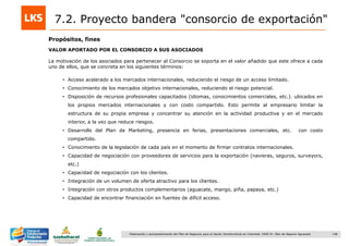 148Elaboración y acompañamiento del Plan de Negocios para el Sector Hortofrutícola en Colombia. FASE IV. Plan de Negocio Aguacate
Propósitos, fines
VALOR APORTADO POR EL CONSORCIO A SUS ASOCIADOS
La motivación de los asociados para pertenecer al Consorcio se soporta en el valor añadido que este ofrece a cada
uno de ellos, que se concreta en los siguientes términos:
• Acceso acelerado a los mercados internacionales, reduciendo el riesgo de un acceso limitado.
• Conocimiento de los mercados objetivo internacionales, reduciendo el riesgo potencial.
• Disposición de recursos profesionales capacitados (idiomas, conocimientos comerciales, etc.). ubicados en
los propios mercados internacionales y con costo compartido. Esto permite al empresario limitar la
estructura de su propia empresa y concentrar su atención en la actividad productiva y en el mercado
interior, a la vez que reduce riesgos.
• Desarrollo del Plan de Marketing, presencia en ferias, presentaciones comerciales, etc. con costo
compartido.
• Conocimiento de la legislación de cada país en el momento de firmar contratos internacionales.
• Capacidad de negociación con proveedores de servicios para la exportación (navieras, seguros, surveyors,
etc.)
• Capacidad de negociación con los clientes.
• Integración de un volumen de oferta atractivo para los clientes.
• Integración con otros productos complementarios (aguacate, mango, piña, papaya, etc.)
• Capacidad de encontrar financiación en fuentes de difícil acceso.
7.2. Proyecto bandera "consorcio de exportación"
 