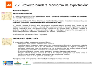 150Elaboración y acompañamiento del Plan de Negocios para el Sector Hortofrutícola en Colombia. FASE IV. Plan de Negocio Aguacate
Modelo de negocio
ESTRATEGIAS GENÉRICAS:
El Consorcio tiene como propósito comercializar frutas y hortalizas colombianas, frescas y procesadas en
los mercados internacionales.
Para ello y apoyándose en la “Marca Colombia”, se introducirá en los principales mercados mundiales construyendo
relaciones comerciales estables en base a un proyecto a largo plazo.
El Consorcio comprará el producto a las plataformas y productores siempre y cuando estos cumplan con los
estándares internacionales de calidad e inocuidad. El producto lo conservará en el almacén frigorífico del productor
hasta la consolidación de la carga y envío al cliente – importador. El Consorcio pagará el producto comprado al
productor y cargará un margen por la operación. Este margen se utilizará para compensar los costos y generar el
beneficio empresarial que permitirá la capitalización del Consorcio y la reinversión.
Es el Consorcio el que factura al cliente – importador.
7.2. Proyecto bandera "consorcio de exportación"
DETERMINANTES ORGANIZATIVOS
El Consorcio se regirá por los siguientes principios básicos:
• Participación absolutamente voluntaria de las empresas.
• Modelo de gestión estratégico. A partir de un plan estratégico democráticamente aprobado por todas las
empresas participantes, en el que se establezcan consensuadamente los objetivos estratégicos y
estrategias a desarrollar. Cada año se elaborará el Plan de Gestión anual, que también deberá aprobarse
por consenso y que regirá las actuaciones del Consorcio en los siguientes meses.
• El objetivo común debe estar por encima del objetivo particular, que se somete al anterior.
• Disciplina interna. Cualquier actividad de una de las empresas participantes que atente contra el
Consorcio, será penalizada por este, pudiendo llegar a la expulsión del causante.
• Trasparencia absoluta de las gestiones, resultados, etc.
No se presupone la forma jurídica que debería adoptar la empresa titular del Consorcio.
 