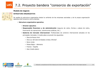 152Elaboración y acompañamiento del Plan de Negocios para el Sector Hortofrutícola en Colombia. FASE IV. Plan de Negocio Aguacate
Modelo de negocio
ESTRUCTURA ORGANIZATIVA
Se analiza la estructura organizativa desde la vertiente de las empresas asociadas y de la propia organización
operativa del Consorcio como empresa.
• Estructura organizativa operativa.
• Director ejecutivo.
• Responsable financiero y de administración (seguros de cobro, formas y plazos de cobro,
financiación de operaciones, subvenciones públicas, etc.)
• Gestores de mercado internacional. Profesionales de comercio internacional ubicados en los
principales mercados. A medio plazo se prevén los siguientes:
• Área de Nueva York
• Área sur del este de Estados Unidos ¿Florida?
• Reino Unido
• Países Bajos – Alemania
• Francia – España
• Asia (medio plazo)
7.2. Proyecto bandera "consorcio de exportación"
 