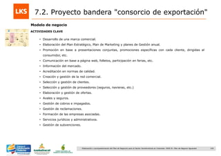 155Elaboración y acompañamiento del Plan de Negocios para el Sector Hortofrutícola en Colombia. FASE IV. Plan de Negocio Aguacate
Modelo de negocio
ACTIVIDADES CLAVE
• Desarrollo de una marca comercial.
• Elaboración del Plan Estratégico, Plan de Marketing y planes de Gestión anual.
• Promoción en base a presentaciones conjuntas, promociones específicas con cada cliente, dirigidas al
consumidor, etc.
• Comunicación en base a página web, folletos, participación en ferias, etc.
• Información del mercado.
• Acreditación en normas de calidad.
• Creación y gestión de la red comercial.
• Selección y gestión de clientes.
• Selección y gestión de proveedores (seguros, navieras, etc.)
• Elaboración y gestión de ofertas.
• Avales y seguros.
• Gestión de cobros e impagados.
• Gestión de reclamaciones.
• Formación de las empresas asociadas.
• Servicios jurídicos y administrativos.
• Gestión de subvenciones.
7.2. Proyecto bandera "consorcio de exportación"
 