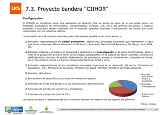 167Elaboración y acompañamiento del Plan de Negocios para el Sector Hortofrutícola en Colombia. FASE IV. Plan de Negocio Aguacate
Configuración
7.3. Proyecto bandera “CIIHOR”
El CCIHOR se constituye como una Asociación de Derecho Civil sin ánimo de lucro de la que serán socios las
entidades productoras de conocimiento (Universidades, Corpoica, ICA, etc.), los gremios del sector, y cuantas
empresas y entidades deseen colaborar con el proyecto (grandes empresas o asociaciones del sector) por estar
relacionadas con sus objetivos últimos.
La asociación será de carácter voluntario, pero típicamente debería incluir como socios a:
 Entidades representativas del sector productivo: Asohofrucol, Entidades nacionales que representen a cada
una de las industrias diferenciadas dentro del sector: Asociación Nacional del Aguacate, del Mango, de la Piña,
etc.
 Entidades públicas o privadas con capacidad y dedicación a la investigación en el sector hortofrutícola, tanto a
nivel de la producción primaria como de las etapas subsiguientes en la cadena del sector (semillas, condiciones
edafoclimáticas, técnicas de cultivo, tratamientos de poscosecha, envase y manipulación, procesado de frutas,
etc.). Típicamente incluye a Corpoica, Universidad Nacional, SENA y otros.
 Entidades representativas de los Ministerios nacionales implicados en el desarrollo del sector: Ministerio de
Agricultura (ICA), Ministerio de Comercio, Ministerio de Salud (INVIMA), Ministerio de Medio Ambiente.
 Grandes cultivadores
 Asociaciones de pequeños productores de relevancia regional.
 Empresas de frutas procesadas y/o sus Asociaciones representativas.
 Empresas de distribución alimentaria, Corabastos.
 Empresas de transportes (red de frío).
Los socios privados o representantes de la industria deberán ser mayoría en los órganos de gobierno.
Empreas
productoras
(fresco y
procesado)
Entidades
investigadoras
Instituciones
Públicas
Otras entidades
 