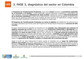 22Elaboración y acompañamiento del Plan de Negocios para el Sector Hortofrutícola en Colombia. FASE IV. Plan de Negocio Aguacate
3. FASE 3, diagnóstico del sector en Colombia
El Programa de Transformación Productiva, tiene como misión fomentar el crecimiento sostenible
en la economía y el empleo, y busca desarrollar sectores altamente competitivos y generadores de
valor agregado, alcanzando estándares de clase mundial; igualmente, busca la internacionalización
de la economía colombiana a través de la modernización y transformación del aparato productivo para
lograr que las ganancias potenciales de los Tratados de Libre Comercio se materialicen y tengan impacto
en el crecimiento económico y la generación de empleo en nuestro país.
El Programa de Transformación Productiva se marca el objetivo de transformar los sectores de la
economía colombiana que forman parte del Programa de Transformación Productiva en sectores de talla
mundial.
El sector hortofrutícola de Colombia se encuentra en una posición muy interesante para alcanzar el
objetivo expuesto por el PTP ya que cuenta con unas condiciones ambientales y agrológicas muy
favorables para el cultivo de productos priorizados y que permite generar las condiciones para obtener
cosechas a lo largo de todo el año, todo lo cual se traduce en el elevado potencial productivo de
Colombia de todos los productos seleccionados. Esto convierte a Colombia en un país atractivo para
inversores extranjeros en el sector, cuyos propios agentes muestran una firme voluntad por impulsar
el mismo con la visión compartida de desarrollar un sector competitivo que le convierta en un elemento
clave en la generación de riqueza y empleo y el desarrollo de la economía del país.
Desde el punto de vista institucional el sector cuenta en Colombia con un mapa de instituciones
públicas muy amplio que cubren potencialmente todos los ámbitos de actividad que requiere el sector.
Destaca el Programa de Alianzas Productivas que constituye una palanca importante para impulsar el
desarrollo y la integración vertical del sector. Así mismo las organizaciones de cadenas productivas en
algunos productos constituyen un soporte para las actuaciones de desarrollo del mismo.
 