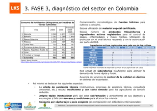 27Elaboración y acompañamiento del Plan de Negocios para el Sector Hortofrutícola en Colombia. FASE IV. Plan de Negocio Aguacate
3. FASE 3, diagnóstico del sector en Colombia
Contaminación microbiológica de fuentes hídricas para
cultivos y consumo.
Escasa utilización de material vegetal certificado.
Escaso número de productos fitosanitarios e
ingredientes activos registrados para el control de
plagas, enfermedades y malas hierbas. Utilización de
productos sin el aval técnico requerido y sin la autorización
por parte del ICA.
Red actual de laboratorios insuficiente para atender la
demanda de forma rápida y fiable.
Ausencia de servicios de control de la calidad en destino
en defensa del exportador.
Consumo de fertilizantes (kilogramos por hectárea de
tierras cultivables
País 2008 2009
Promedio
2008-
2009
1 Islandia 3.569 2.671 3.120
2 Bahrein 2.392 1.289 1.840
3 Nueva Zelandia 1.707 1.231 1.469
4 Malasia 1.036 769 902
5 Costa Rica 707 826 767
6 Emiratos Árabes Unidos 341 1.033 687
7 Egipto, República Árabe de 696 502 599
8 Chile 712 452 582
9 Trinidad y Tobago 868 275 571
10 Colombia 491 499 495
Fuente: Banco Mundial:
http://datos.bancomundial.org/indicador/AG.CON.FERT.ZS/countries?display=default
• Así mismo se destacan los siguientes aspectos:
• La oferta de asistencia técnica (instituciones, empresas de asistencia técnica, consultoría
ambiental, etc.) resulta insuficiente y con costo elevado para los agricultores de tamaño
reducido.
• Amplio tejido institucional pero con débil coordinación y alineamiento de sus objetivos y
estrategias y falta de recursos y condiciones para alcanzar los mismos.
• Consumo per cápita bajo y poco exigente (en comparación con estándares internacionales)
CULTIVO INSECTICIDAS FUNGICIDAS HERBICIDAS
AJI 1
CEBOLLA 13 52 4
FRESA 1 2
MANGO 1 2 1
PAPAYA 2 1 1
PIÑA 1 4 1
AGUACATE 3 1 1
Ingredientes activos registrados para cada uno de los cultivos
Fuente: Registros nacionales de plaguicidas químicos de uso agrícola del ICA. 2012
 