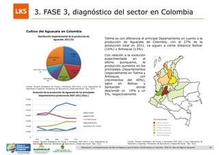 29Elaboración y acompañamiento del Plan de Negocios para el Sector Hortofrutícola en Colombia. FASE IV. Plan de Negocio Aguacate
3. FASE 3, diagnóstico del sector en Colombia
Cultivo del Aguacate en Colombia
Tolima es con diferencia el principal Departamento en cuanto a la
producción de Aguacate de Colombia, con el 27% de la
producción total en 2011. Le siguen a cierta distancia Bolívar
(16%) y Antioquia (13%).
Con relación a la evolución
experimentada en el
último quinquenio, la
producción aumenta en los
principales Departamentos
(especialmente en Tolima y
Antioquia, con
crecimientos del 40%),
salvo en Bolívar y
Santander donde
desciende un 19% y un
5%, respectivamente
Fuente: Anuario Estadístico de Frutas y Hortalizas 2007-2011 y Sus Calendarios de
Siembras y Cosechas. Ministerios de Agricultura y Desarrollo Rural. Nov. 2012
Fuente: Anuario Estadístico de Frutas y Hortalizas 2007-2011 y Sus Calendarios de
Siembras y Cosechas. Ministerios de Agricultura y Desarrollo Rural. Nov. 2012
Fuente: Anuario Estadístico de Frutas y Hortalizas 2007-2011 y Sus Calendarios de
Siembras y Cosechas. Ministerios de Agricultura y Desarrollo Rural. Nov. 2012
 