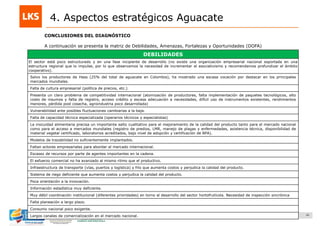 41Elaboración y acompañamiento del Plan de Negocios para el Sector Hortofrutícola en Colombia. FASE IV. Plan de Negocio Aguacate
CONCLUSIONES DEL DIAGNÓSTICO
A continuación se presenta la matriz de Debilidades, Amenazas, Fortalezas y Oportunidades (DOFA)
4. Aspectos estratégicos Aguacate
DEBILIDADES
El sector está poco estructurado y en una fase incipiente de desarrollo (no existe una organización empresarial nacional soportada en una
estructura regional que lo impulse, por lo que observamos la necesidad de incrementar el asociativismo y recomendamos profundizar el ámbito
cooperativo).
Salvo los productores de Hass (25% del total de aguacate en Colombia), ha mostrado una escasa vocación por destacar en los principales
mercados mundiales.
Falta de cultura empresarial (política de precios, etc.)
Presenta un claro problema de competitividad internacional (atomización de productores, falta implementación de paquetes tecnológicos, alto
costo de insumos y falta de registro, acceso crédito y escasa adecuación a necesidades, difícil uso de instrumentos existentes, rendimientos
menores, pérdida post cosecha, agroindustria poco desarrollada)
Vulnerabilidad ante posibles fluctuaciones cambiarias a la baja.
Falta de capacidad técnica especializada (operarios técnicos y especialistas)
La inocuidad alimentaria precisa un importante salto cualitativo para el mejoramiento de la calidad del producto tanto para el mercado nacional
como para el acceso a mercados mundiales (registro de predios, LMR, manejo de plagas y enfermedades, asistencia técnica, disponibilidad de
material vegetal certificado, laboratorios acreditados, bajo nivel de adopción y certificación de BPA).
Modelos de trazabilidad no suficientemente implantados.
Faltan actores empresariales para abordar el mercado internacional.
Escasez de recursos por parte de agentes importantes en la cadena.
El esfuerzo comercial no ha avanzado al mismo ritmo que el productivo.
Infraestructura de transporte (vías, puertos y logística) y frío que aumenta costos y perjudica la calidad del producto.
Sistema de riego deficiente que aumenta costos y perjudica la calidad del producto.
Poca orientación a la innovación.
Información estadística muy deficiente.
Muy débil coordinación institucional (diferentes prioridades) en torno al desarrollo del sector hortofrutícola. Necesidad de inspección sincrónica
Falta planeación a largo plazo.
Consumo nacional poco exigente.
Largos canales de comercialización en el mercado nacional.
 