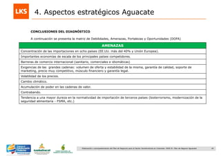 42Elaboración y acompañamiento del Plan de Negocios para el Sector Hortofrutícola en Colombia. FASE IV. Plan de Negocio Aguacate
CONCLUSIONES DEL DIAGNÓSTICO
A continuación se presenta la matriz de Debilidades, Amenazas, Fortalezas y Oportunidades (DOFA)
4. Aspectos estratégicos Aguacate
AMENAZAS
Concentración de las importaciones en ocho países (EE.UU. más del 40% y Unión Europea).
Importantes economías de escala de los principales países competidores.
Barreras de comercio internacional (sanitario, comerciales e idiomáticas)
Exigencias de las grandes cadenas: volumen de oferta y estabilidad de la misma, garantía de calidad, soporte de
marketing, precio muy competitivo, músculo financiero y garantía legal.
Volatilidad de los precios.
Cambio climático.
Acumulación de poder en las cadenas de valor.
Contrabando.
Tendencia a una mayor dureza en la normatividad de importación de terceros países (bioterrorismo, modernización de la
seguridad alimentaria - FSMA, etc.)
 