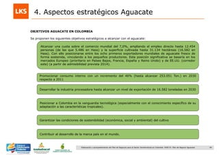 49Elaboración y acompañamiento del Plan de Negocios para el Sector Hortofrutícola en Colombia. FASE IV. Plan de Negocio Aguacate
4. Aspectos estratégicos Aguacate
OBJETIVOS AGUACATE EN COLOMBIA
Se proponen los siguientes objetivos estratégicos a alcanzar con el aguacate:
Promocionar consumo interno con un incremento del 46% (hasta alcanzar 253.051 Ton.) en 2030
respecto a 2011
Desarrollar la industria procesadora hasta alcanzar un nivel de exportación de 16.582 toneladas en 2030
Posicionar a Colombia en la vanguardia tecnológica (especialmente con el conocimiento específico de su
adaptación a las características tropicales).
Garantizar las condiciones de sostenibilidad (económica, social y ambiental) del cultivo
Contribuir al desarrollo de la marca país en el mundo.
Alcanzar una cuota sobre el comercio mundial del 7,0%, ampliando el empleo directo hasta 12.454
personas (de las que 5.486 en Hass) y la superficie cultivada hasta 31.134 hectáreas (16.582 en
Hass). Con ello posicionarse entre los ocho primeros exportadores mundiales de aguacate fresco de
forma sostenida, vinculando a los pequeños productores. Esta posición significativa se basaría en los
mercados Europeo (prioritario en Países Bajos, Francia, España y Reino Unido) y de EE.UU. (corredor
este) (a partir de admisibilidad prevista 2014).
 