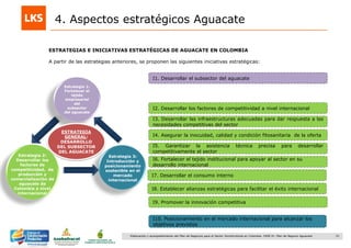 51Elaboración y acompañamiento del Plan de Negocios para el Sector Hortofrutícola en Colombia. FASE IV. Plan de Negocio Aguacate
4. Aspectos estratégicos Aguacate
ESTRATEGIAS E INICIATIVAS ESTRATÉGICAS DE AGUACATE EN COLOMBIA
A partir de las estrategias anteriores, se proponen las siguientes iniciativas estratégicas:
I1. Desarrollar el subsector del aguacate
I2. Desarrollar los factores de competitividad a nivel internacional
I3. Desarrollar las infraestructuras adecuadas para dar respuesta a las
necesidades competitivas del sector
I4. Asegurar la inocuidad, calidad y condición fitosanitaria de la oferta
I5. Garantizar la asistencia técnica precisa para desarrollar
competitivamente el sector
I6. Fortalecer el tejido institucional para apoyar al sector en su
desarrollo internacional
I7. Desarrollar el consumo interno
I8. Establecer alianzas estratégicas para facilitar el éxito internacional
I9. Promover la innovación competitiva
I10. Posicionamiento en el mercado internacional para alcanzar los
objetivos previstos
Estrategia 1:
Fortalecer el
tejido
empresarial
del
subsector
del aguacate
Estrategia 3:
Introducción y
posicionamiento
sostenible en el
mercado
internacional
ESTRATEGIA
GENERAL:
DESARROLLO
DEL SUBSECTOR
DEL AGUACATE
Estrategia 2:
Desarrollar los
factores de
competitividad, de
producción y
comercialización de
aguacate de
Colombia a nivel
internacional
 