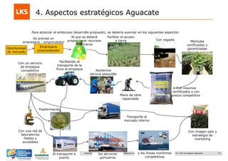 52Elaboración y acompañamiento del Plan de Negocios para el Sector Hortofrutícola en Colombia. FASE IV. Plan de Negocio Aguacate
4. Aspectos estratégicos Aguacate
Para alcanzar el ambicioso desarrollo propuesto, se debería avanzar en los siguientes aspectos:
Empresario
emprendendor
Se precisa un
empresario - emprendedor
Al que se deberá
proporcionar recursos
financieros
Facilitar el acceso
a tierra Con regadío Plántulas
certificadas y
garantizadas
Con insumos
certificados y con
precio competitivoMano de obra
capacitada
Asistencia
técnica asequible
Facilitando el
transporte de la
finca al empaque
Con un servicio
de empaque
competitivo
El transporte a
puerto
los servicios
portuarios
y las líneas marítimas
competitivas
Con imagen país y
estrategia de
marketing
Con una red de
laboratorios
fiables y
accesibles
Oportunidad
de mercado
Trasformación
Transporte al
mercado interno
 