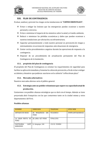 UNIVERSIDAD NACIONAL DEL ALTIPLANO UNA PUNO
FACULTAD DE CIENCIAS SOCIALES
ESCUELA PROFESIONAL DE TURISMO
XIII. PLAN DE CONTINGENCIA
Evaluar, analizar y prevenir los riesgos en las instalaciones de “COFFEE DREM PLACE”.
 Evitar o mitigar las lesiones que las emergencias puedan ocasionar a nuestro
personal y a terceros.
 Evitar o minimizar el impacto de los siniestros sobre la salud y el medio ambiente.
 Reducir o minimizar las pérdidas económicas y daños que puedan ocasionar a
nuestras instalaciones por afectación a su infraestructura.
 Capacitar permanentemente a todo nuestro personal en prevención de riesgos y
entrenamientos en acciones de respuestas ante situaciones de emergencia.
 Contar conlos procedimientos a seguirse durante las operaciones de respuesta a la
contingencia.
 Disponer de un procedimiento de actualización permanente del Plan de
Contingencia de la Instalación.
13.1. propósito del plan de contingencia
El propósito del Plan de Contingencia es orientar los requerimientos de seguridad para
facilitarsu aplicacióninmediata y fomentarla culturade prevención,a finde evitaromitigar
accidentes y desastres que pudieran suscitarse en la cafetería “coffee dream place”
13.2. Mercados alternativos
Nuestros mercados alternos seria el público general.
13.3. Estrategia ante un pedido voluminoso que supere su capacidadactual de
producción.
Contaremos con posibles alianzas estratégicas que se dará con el tiempo. Además se tiene
proyectada abrir franquicias con las que contaremos tanto en la ciudad misma y otros
departamentos del Perú.
Posibles alianzas
NOMBRE DIRECCION TELEFONO SITIO WEB
ANTOJOS DE ROCK JR. MOQUEGUA 286
PUNO
951650814 WWW.ANTOJOSROCK
LA GRAN FRUTA DE
PUNO
JR. LIMA 827 PUNO 979611593
PASTELERIA CAFÉ
MERCEDES
Jr. Arequipa 144 +51-51 354904
 