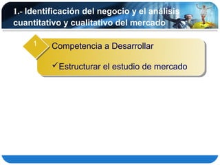 1.- Identificación del negocio y el análisis
cuantitativo y cualitativo del mercado

     1    Competencia a Desarrollar

          Estructurar el estudio de mercado
 