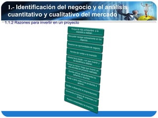 1.- Identificación del negocio y el análisis
 cuantitativo y cualitativo del mercado
1.1.2 Razones para invertir en un proyecto
 