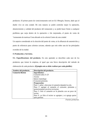 20
productos. El primer punto de venta/restaurante será en Cd. Obregón, Sonora, dado que el
dueño vive en esta ciudad. De esta manera se podrá controlar mejor la operación,
abastecimiento y calidad del producto del restaurante y se podrá hacer frente a cualquier
problema que surja dentro de la operación e irla mejorando, el punto de venta de
“restaurante de mariscos”esta ubicado en la colonia Centro de esta ciudad.
Un aspecto considerado en la elección del punto de venta, es la afluencia de automóviles y
punto de referencia para colonias cercana, además que esta sobre una de las principales
avenidas de la ciudad.
5. Producción y Servicios.
5.1. Especificaciones del producto. En este apartado se describen cada uno de los
productos que tienen la empresa, al igual que una breve descripción del método de
elaboración de cada producto. (Ejemplo esto se debe realizar por cada platillo):
Nombre del producto. Descripción del producto.
Camarón Boston Ingredientes:
Camarón talla 21-25
Tocino
Queso manchego
Consomé pimienta
Preparación:
Paso 1: pelar y desvenar el camarón dejando la cola.
Paso 2: agregar al camarón el consomé, pimienta y
posteriormente envolver en tocino.
Paso 3: freír el camarón en la plancha con un poco de
tocino.
Paso 4: ya frito el tocino se agrupan y se agrega queso
para gratinar.
Fuentes primarias.
 