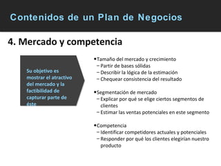 Contenidos de un Plan de Negocios 4. Mercado y competencia Tamaño del mercado y crecimiento Partir de bases sólidas Describir la lógica de la estimación  Chequear consistencia del resultado Segmentación de mercado Explicar por qué se elige ciertos segmentos de clientes Estimar las ventas potenciales en este segmento Competencia Identificar competidores actuales y potenciales Responder por qué los clientes elegirían nuestro producto  Su objetivo es mostrar el atractivo del mercado y la factibilidad de capturar parte de éste 