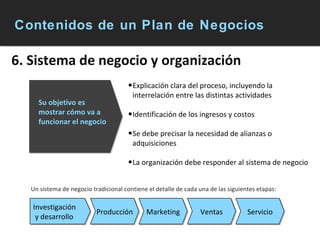 Contenidos de un Plan de Negocios 6. Sistema de negocio y organización Explicación clara del proceso, incluyendo la interrelación entre las distintas actividades Identificación de los ingresos y costos Se debe precisar la necesidad de alianzas o adquisiciones La organización debe responder al sistema de negocio Su objetivo es mostrar cómo va a funcionar el negocio Investigación y desarrollo Producción Marketing Ventas Servicio Un sistema de negocio tradicional contiene el detalle de cada una de las siguientes etapas:  