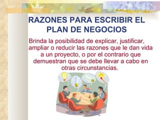 RAZONES PARA ESCRIBIR EL PLAN DE NEGOCIOS Brinda la posibilidad de explicar, justificar, ampliar o reducir las razones que le dan vida a un proyecto, o por el contrario que demuestran que se debe llevar a cabo en otras circunstancias.   
