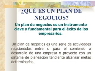 ¿QUÉ ES UN PLAN DE
        NEGOCIOS?
 Un plan de negocios es un instrumento
 clave y fundamental para el éxito de los
              empresarios.

Un plan de negocios es una serie de actividades
relacionadas entre sí para el comienzo o
desarrollo de una empresa o proyecto con un
sistema de planeación tendiente alcanzar metas
determinadas.
 