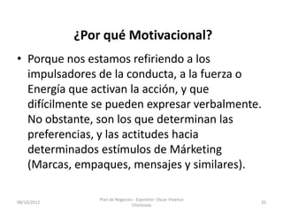 ¿Por qué Motivacional?
• Porque nos estamos refiriendo a los
  impulsadores de la conducta, a la fuerza o
  Energía que activan la acción, y que
  difícilmente se pueden expresar verbalmente.
  No obstante, son los que determinan las
  preferencias, y las actitudes hacia
  determinados estímulos de Márketing
  (Marcas, empaques, mensajes y similares).

                 Plan de Negocios - Expositor: Oscar Vivanco
08/10/2012                                                     35
                                 Chichizola
 
