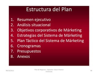 Estructura del Plan
     1.      Resumen ejecutivo
     2.      Análisis situacional
     3.      Objetivos corporativos de Márketing
     4.      Estrategias del Sistema de Márketing
     5.      Plan Táctico del Sistema de Márketing
     6.      Cronogramas
     7.      Presupuestos
     8.      Anexos

                      Plan de Negocios - Expositor: Oscar Vivanco
08/10/2012                                                          68
                                      Chichizola
 