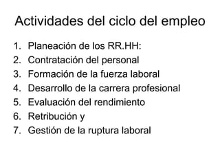 Actividades del ciclo del empleo
1.   Planeación de los RR.HH:
2.   Contratación del personal
3.   Formación de la fuerza laboral
4.   Desarrollo de la carrera profesional
5.   Evaluación del rendimiento
6.   Retribución y
7.   Gestión de la ruptura laboral
 