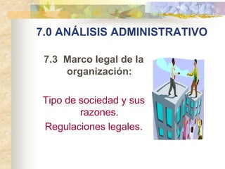 7.0 ANÁLISIS ADMINISTRATIVO

 7.3 Marco legal de la
     organización:

 Tipo de sociedad y sus
         razones.
 Regulaciones legales.
 