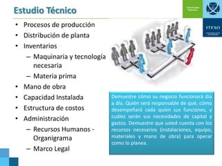 Estudio Técnico
• Procesos de producción
• Distribución de planta
• Inventarios
– Maquinaria y tecnología
necesaria
– Materia prima
• Mano de obra
• Capacidad Instalada
• Estructura de costos
• Administración
– Recursos Humanos Organigrama
– Marco Legal

Demuestre cómo su negocio funcionará día
a día. Quién será responsable de qué, cómo
desempeñará cada quien sus funciones, y
cuáles serán sus necesidades de capital y
gastos. Demuestre que usted cuenta con los
recursos necesarios (instalaciones, equipo,
materiales y mano de obra) para operar
como lo planea.

 