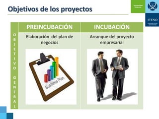 Objetivos de los proyectos
PREINCUBACIÓN
O
B
J
E
T
I
V
O

G
E
N
E
R
A
L

INCUBACIÓN

Elaboración del plan de
negocios

Arranque del proyecto
empresarial

 