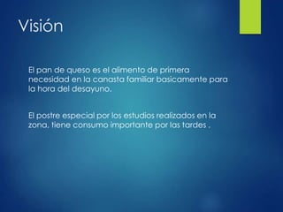 Visión
El pan de queso es el alimento de primera
necesidad en la canasta familiar basicamente para
la hora del desayuno.
El postre especial por los estudios realizados en la
zona, tiene consumo importante por las tardes .
 