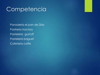 Competencia
Panaderia el pan de Dios
Postreria tractory
Pasteleria gustoff
Pasteleria baguet
Cafeteria coffe
 