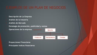 EJEMPLOS DE UN PLAN DE NEGOCIOS
 Descripción de La Empresa
 Análisis de la Industria
 Análisis de Mercado
 Estrategia de promoción, publicidad y ventas
 Operaciones de la empresa
 Proyecciones Financieras
 Principales índices financieros
 