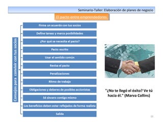 10
Seminario-Taller: Elaboración de planes de negocioSeminario-Taller: Elaboración de planes de negocio
El pacto entre emprendedoresEl pacto entre emprendedores
"¿No te llegó el éxito? Ve tú
hacia él." (Marva Collins)
 