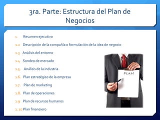 3ra. Parte: Estructura del Plan de
Negocios
1. Resumen ejecutivo
1.2 Descripción de la compañía o formulación de la idea de negocio
1.3 Análisis del entorno
1.4 Sondeo de mercado
1.5. Análisis de la industria
1.6. Plan estratégico de la empresa
1.7. Plan de marketing
1.8. Plan de operaciones
1.9 Plan de recursos humanos
1. 10 Plan financiero
 