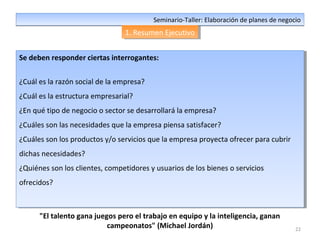 22
Seminario-Taller: Elaboración de planes de negocioSeminario-Taller: Elaboración de planes de negocio
1. Resumen Ejecutivo1. Resumen Ejecutivo
Se deben responder ciertas interrogantes:
¿Cuál es la razón social de la empresa?
¿Cuál es la estructura empresarial?
¿En qué tipo de negocio o sector se desarrollará la empresa?
¿Cuáles son las necesidades que la empresa piensa satisfacer?
¿Cuáles son los productos y/o servicios que la empresa proyecta ofrecer para cubrir
dichas necesidades?
¿Quiénes son los clientes, competidores y usuarios de los bienes o servicios
ofrecidos?
Se deben responder ciertas interrogantes:
¿Cuál es la razón social de la empresa?
¿Cuál es la estructura empresarial?
¿En qué tipo de negocio o sector se desarrollará la empresa?
¿Cuáles son las necesidades que la empresa piensa satisfacer?
¿Cuáles son los productos y/o servicios que la empresa proyecta ofrecer para cubrir
dichas necesidades?
¿Quiénes son los clientes, competidores y usuarios de los bienes o servicios
ofrecidos?
"El talento gana juegos pero el trabajo en equipo y la inteligencia, ganan
campeonatos" (Michael Jordán)
 