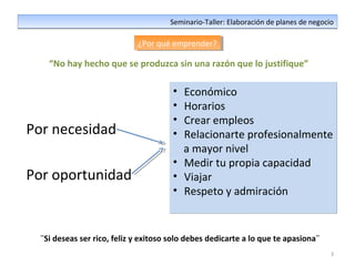 “No hay hecho que se produzca sin una razón que lo justifique”
Por necesidad
Por oportunidad
• Económico
• Horarios
• Crear empleos
• Relacionarte profesionalmente
a mayor nivel
• Medir tu propia capacidad
• Viajar
• Respeto y admiración
• Económico
• Horarios
• Crear empleos
• Relacionarte profesionalmente
a mayor nivel
• Medir tu propia capacidad
• Viajar
• Respeto y admiración
3
Seminario-Taller: Elaboración de planes de negocioSeminario-Taller: Elaboración de planes de negocio
¿Por qué emprender?¿Por qué emprender?
¨Si deseas ser rico, feliz y exitoso solo debes dedicarte a lo que te apasiona¨
 