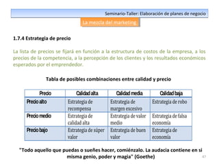 47
Seminario-Taller: Elaboración de planes de negocioSeminario-Taller: Elaboración de planes de negocio
La mezcla del marketingLa mezcla del marketing
1.7.4 Estrategia de precio
La lista de precios se fijará en función a la estructura de costos de la empresa, a los
precios de la competencia, a la percepción de los clientes y los resultados económicos
esperados por el emprendedor.
Precio Calidadalta Calidadmedia Calidadbaja
Precioalto Estrategia de
recompensa
Estrategia de
margen excesivo
Estrategia de robo
Preciomedio Estrategia de
calidad alta
Estrategia de valor
medio
Estrategia de falsa
economía
Preciobajo Estrategia de súper
valor
Estrategia de buen
valor
Estrategia de
economía
Tabla de posibles combinaciones entre calidad y precio
"Todo aquello que puedas o sueñes hacer, comiénzalo. La audacia contiene en si
misma genio, poder y magia" (Goethe)
 