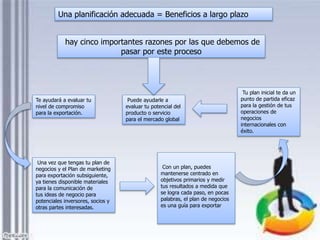 Con un plan, puedes
mantenerse centrado en
objetivos primarios y medir
tus resultados a medida que
se logra cada paso, en pocas
palabras, el plan de negocios
es una guía para exportar
Una planificación adecuada = Beneficios a largo plazo
hay cinco importantes razones por las que debemos de
pasar por este proceso
Te ayudará a evaluar tu
nivel de compromiso
para la exportación.
Puede ayudarle a
evaluar tu potencial del
producto o servicio
para el mercado global
Tu plan inicial te da un
punto de partida eficaz
para la gestión de tus
operaciones de
negocios
internacionales con
éxito.
Una vez que tengas tu plan de
negocios y el Plan de marketing
para exportación subsiguiente,
ya tienes disponible materiales
para la comunicación de
tus ideas de negocio para
potenciales inversores, socios y
otras partes interesadas.
 