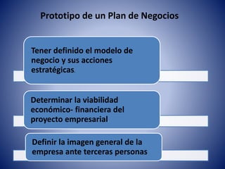 Tener definido el modelo de
negocio y sus acciones
estratégicas.
Determinar la viabilidad
económico- financiera del
proyecto empresarial.
Definir la imagen general de la
empresa ante terceras personas
Prototipo de un Plan de Negocios
 