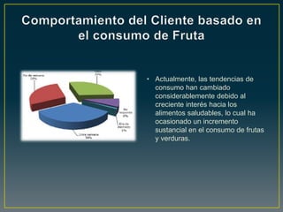 • Actualmente, las tendencias de
consumo han cambiado
considerablemente debido al
creciente interés hacia los
alimentos saludables, lo cual ha
ocasionado un incremento
sustancial en el consumo de frutas
y verduras.
 