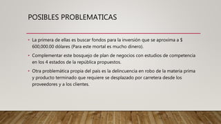 POSIBLES PROBLEMATICAS
• La primera de ellas es buscar fondos para la inversión que se aproxima a $
600,000.00 dólares (Para este mortal es mucho dinero).
• Complementar este bosquejo de plan de negocios con estudios de competencia
en los 4 estados de la república propuestos.
• Otra problemática propia del país es la delincuencia en robo de la materia prima
y producto terminado que requiere se desplazado por carretera desde los
proveedores y a los clientes.
 