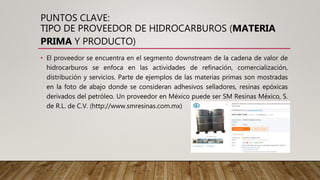 PUNTOS CLAVE:
TIPO DE PROVEEDOR DE HIDROCARBUROS (MATERIA
PRIMA Y PRODUCTO)
• El proveedor se encuentra en el segmento downstream de la cadena de valor de
hidrocarburos se enfoca en las actividades de refinación, comercialización,
distribución y servicios. Parte de ejemplos de las materias primas son mostradas
en la foto de abajo donde se consideran adhesivos selladores, resinas epóxicas
derivados del petróleo. Un proveedor en México puede ser SM Resinas México, S.
de R.L. de C.V. (http://www.smresinas.com.mx)
 
