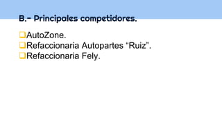 B.- Principales competidores.
AutoZone.
Refaccionaria Autopartes “Ruiz”.
Refaccionaria Fely.
 